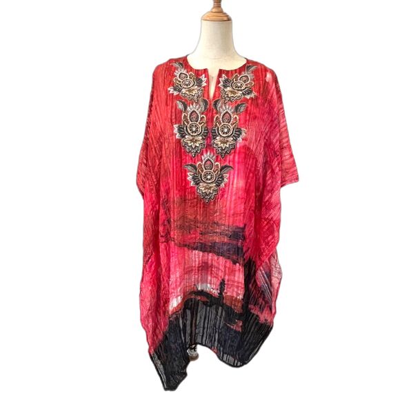 Soft Surroundings La Luna Pink Cover-Up Kaftan Pink Embroidered Art to Wear S/M - Picture 1 of 8